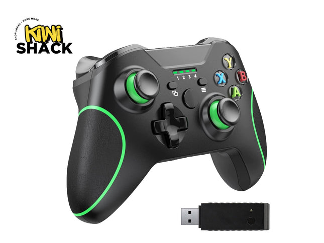 A black wireless gaming controller with bright green accents and a matching USB receiver, shown on a white background with the KINI SHACK logo in the top left corner.