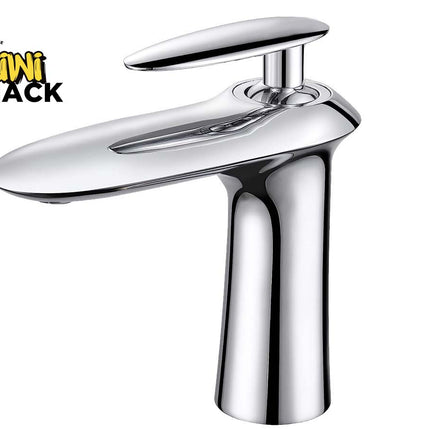 A modern chrome bathroom faucet with a single lever handle, shown on a plain white background with the Kiwi Shack logo in the top-left corner.
