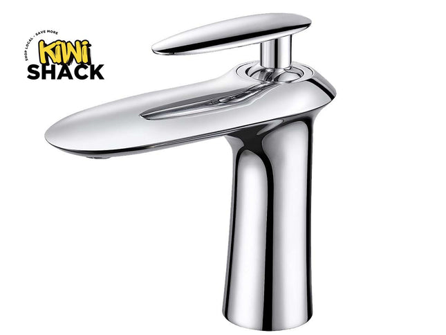 A modern chrome bathroom faucet with a single lever handle, shown on a plain white background with the Kiwi Shack logo in the top-left corner.