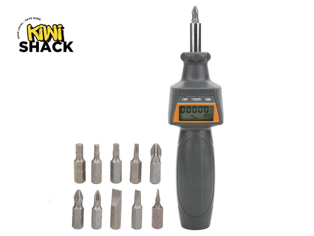 Digital screwdriver set with multiple drill bits on a white background, featuring the Kiwi Shack brand.