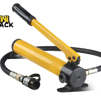 Yellow hydraulic hand pump with a black handle grip, pressure relief valve dial, attached high-pressure black hose with quick-disconnect coupler, metal base plate, and Kiwi Shack logo in top left.