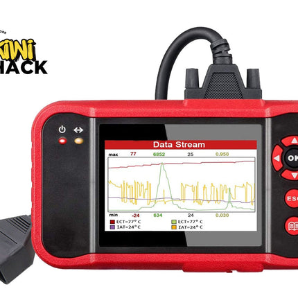Red diagnostic tool with screen displaying data stream on a white background, featuring the Kiwi Shack logo.
