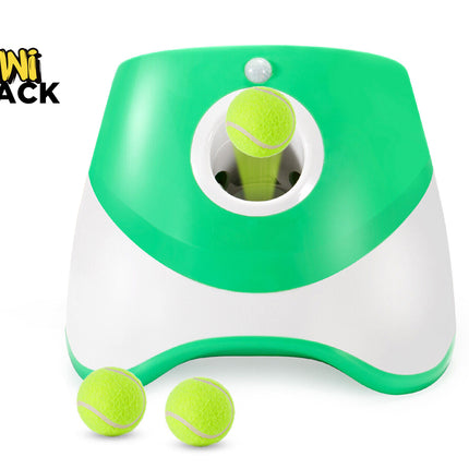 Green and white tennis ball launcher with tennis balls on a white background, featuring the Kiwi Shack brand.
