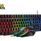 A black wired keyboard and matching computer mouse set with RGB rainbow backlighting, shown on a white background with the Kiwi Shack logo in the top-left corner.