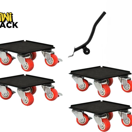 A set of four square black furniture moving dollies with bright red swivel caster wheels, accompanied by a wheeled furniture lifter pry bar, set against a white background. A "Kiwi Shack" logo appears in the top-left corner.