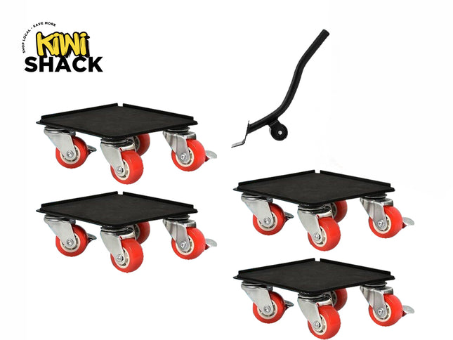 A set of four square black furniture moving dollies with bright red swivel caster wheels, accompanied by a wheeled furniture lifter pry bar, set against a white background. A "Kiwi Shack" logo appears in the top-left corner.