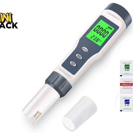 A white and gray digital pH meter with a bright green LCD screen displaying readings and temperature, lying alongside its removable protective cap and three packets of pH buffer powder (pH 6.86, pH 4.01, and pH 9.18) stacked on the right, featuring a "Kiwi Shack" logo in the top left corner.