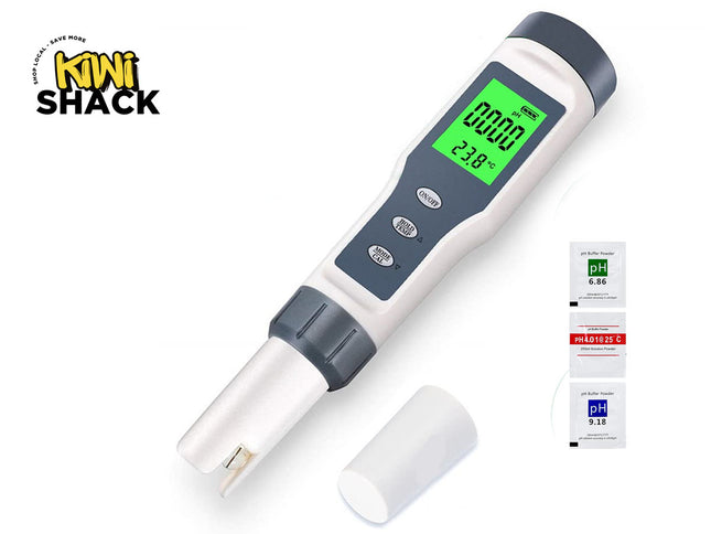 A white and gray digital pH meter with a bright green LCD screen displaying readings and temperature, lying alongside its removable protective cap and three packets of pH buffer powder (pH 6.86, pH 4.01, and pH 9.18) stacked on the right, featuring a "Kiwi Shack" logo in the top left corner.