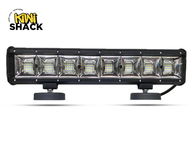 An automotive LED off-road light bar with multiple reflector cups and mounting brackets, featuring the "Kiwi Shack" logo in the top-left corner.