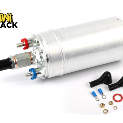 An aluminum fuel pump kit by Kiwi Shack, featuring a cylindrical silver metal pump with red and blue threaded fittings, a black nozzle, and various mounting hardware and gaskets on a white background.