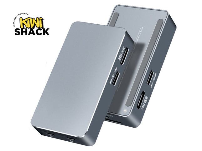 Two metallic gray USB hubs with multiple ports on a white background, featuring the Kiwi Shack logo.