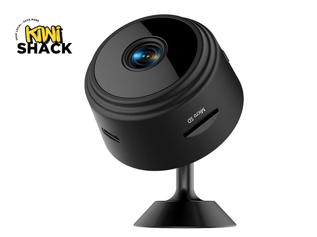 Black security camera on a white background with 'Kiwi Shack' branding.