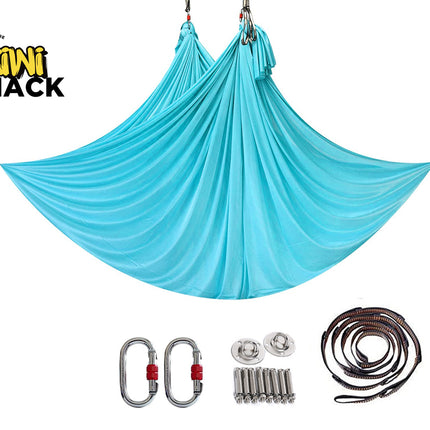 Blue antigravity hammock with accessories on a white background, featuring Kiwi Shack brand.