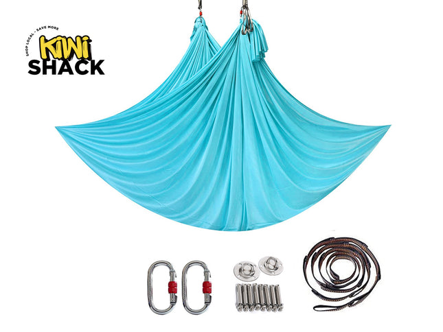 Blue antigravity hammock with accessories on a white background, featuring Kiwi Shack brand.