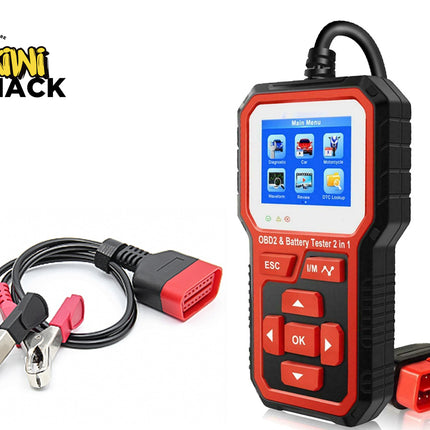 Red and black diagnostic tool with cables on a white background, featuring the Kiwi Shack brand.