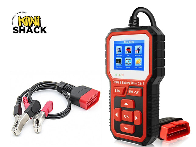 Red and black diagnostic tool with cables on a white background, featuring the Kiwi Shack brand.