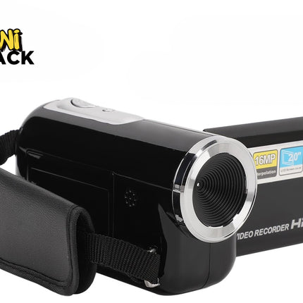 A glossy black HD video recorder camcorder with a side hand strap, silver lens bezel, and an open side panel showing product specification badges, with a "Kiwi Shack" logo in the top left corner.
