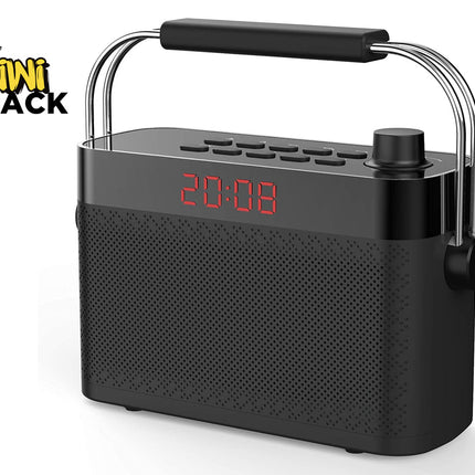 Black portable radio with digital clock on a white background, featuring the Kiwi Shack brand.