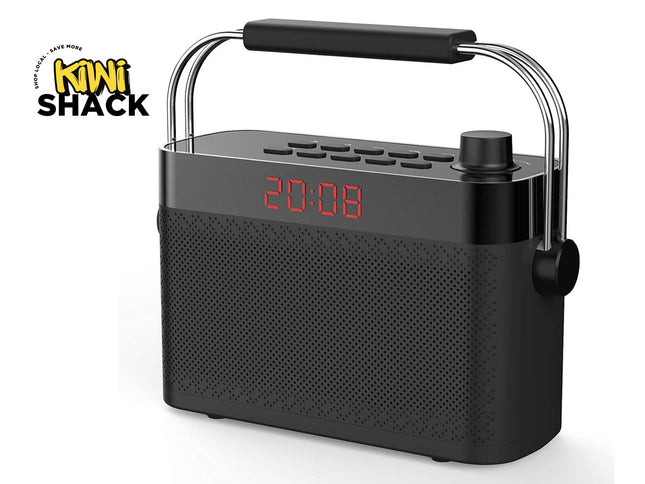 Black portable radio with digital clock on a white background, featuring the Kiwi Shack brand.