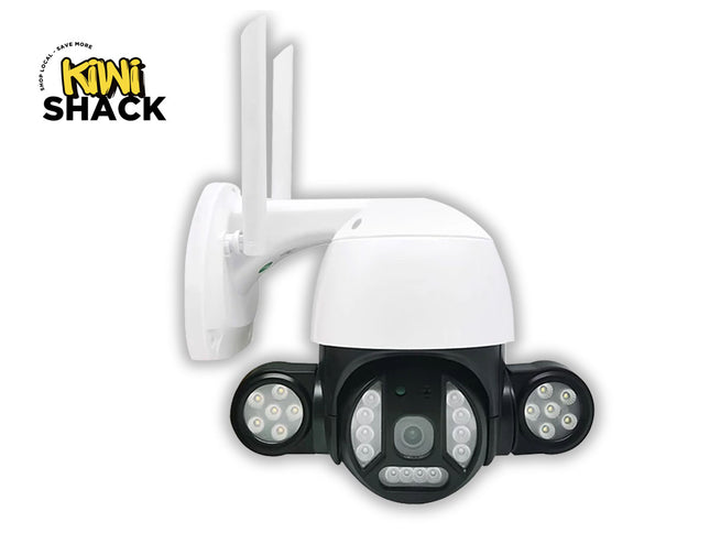 White security camera with antennas on a white background, featuring the Kiwi Shack logo.
