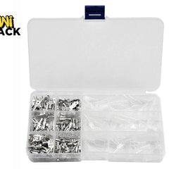 An open clear plastic compartmentalized storage box containing assorted metal spade wire terminals and transparent insulating sleeves, set against a white background. A "Kiwi Shack" logo appears in the top-left corner.
