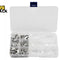An open clear plastic compartmentalized storage box containing assorted metal spade wire terminals and transparent insulating sleeves, set against a white background. A "Kiwi Shack" logo appears in the top-left corner.