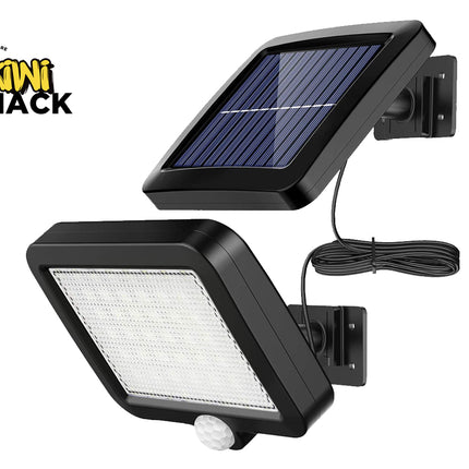 Solar-powered outdoor lights with motion sensor on a white background, branded as Kiwi Shack.