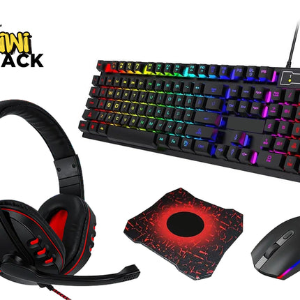 Gaming headset, keyboard, mouse, and mouse pad with Kiwi Shack logo on a white background
