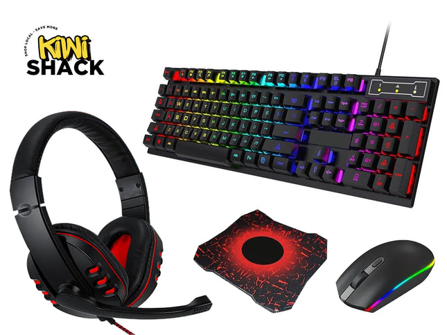 Gaming headset, keyboard, mouse, and mouse pad with Kiwi Shack logo on a white background