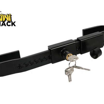A black metal hitch receiver lock with two keys, shown on a white background with the Kiwi Shack logo in the top-left corner.