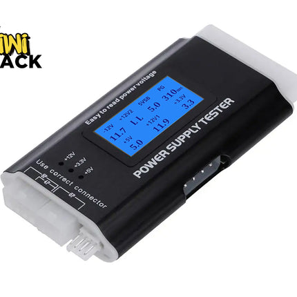 A digital PC power supply tester with a black housing, an LCD screen displaying voltage readings, and various input ports on the ends against a white background, featuring the "Kiwi Shack" logo in the upper left corner.