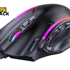 A black wired gaming mouse with RGB rainbow lighting accents, shown on a white background with the 'Kini Shack' brand logo in the top-left corner.