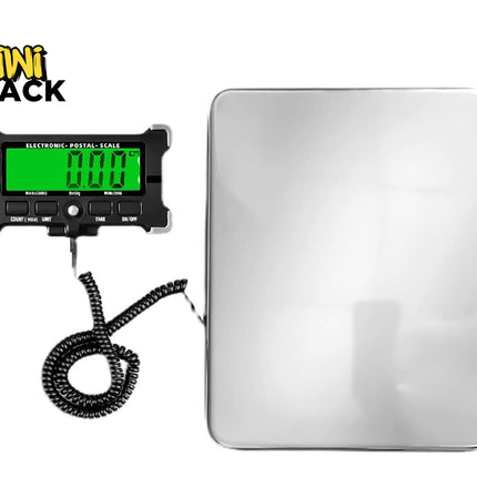 Digital electronic postal scale with a coiled cable on a white background, branded with 'Kiwi Shack'.