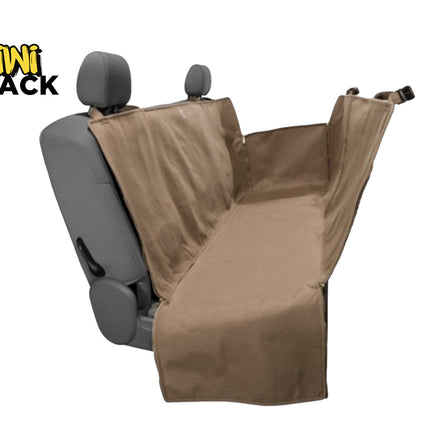 Car seat cover on a gray car seat with Kiwi Shack logo above