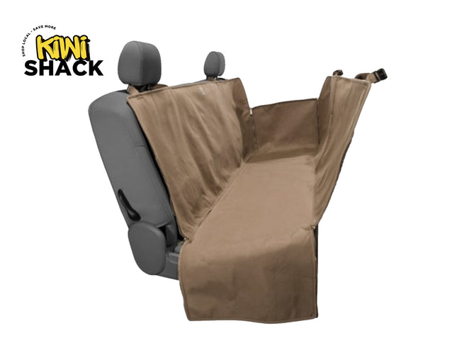 Car seat cover on a gray car seat with Kiwi Shack logo above