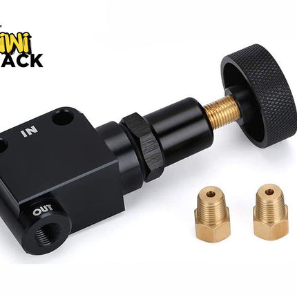 black adjustable proportioning valve with marked "IN" and "OUT" ports, a knurled adjustment knob, and two brass threaded fittings displayed to the right, featuring a "Kiwi Shack" logo in the top left corner.