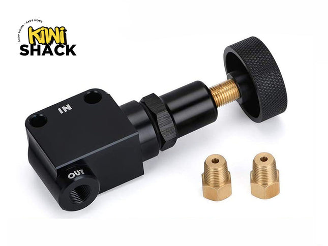 black adjustable proportioning valve with marked "IN" and "OUT" ports, a knurled adjustment knob, and two brass threaded fittings displayed to the right, featuring a "Kiwi Shack" logo in the top left corner.