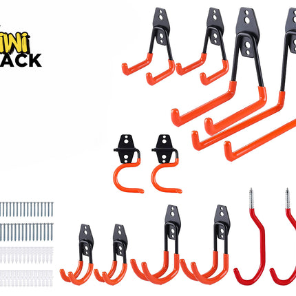 A comprehensive heavy-duty garage storage utility hook set featuring various sizes of orange and black steel wall-mount hooks, a screwdriver, installation screws, wall anchors, and a storage strap, with a "Kiwi Shack" logo in the top left corner.