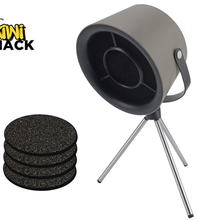A gray cylindrical electronic acoustic sound machine on a silver tripod stand with a carrying strap, accompanied by a stack of four black textured acoustic foam filter pads to its left, set against a white background with the "Kiwi Shack" logo in the top left corner.
