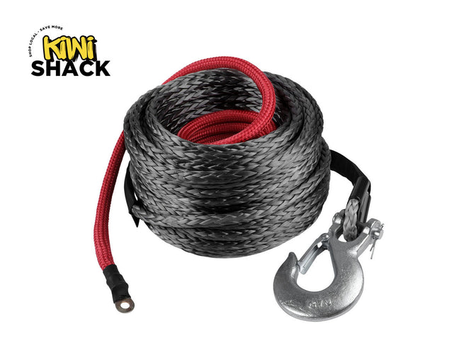Tow rope with red core and black sheath, attached to a hook, on a white background with 'Kiwi Shack' branding.