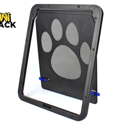 A black framed pet screen door featuring a mesh flap decorated with a gray paw print pattern, with a "Kiwi Shack" logo in the top left corner.