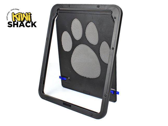 A black framed pet screen door featuring a mesh flap decorated with a gray paw print pattern, with a "Kiwi Shack" logo in the top left corner.