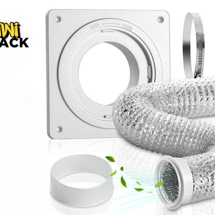Kiwi Shack flexible aluminum dryer vent hose kit with wall mounting plate, collar, and duct clamp.