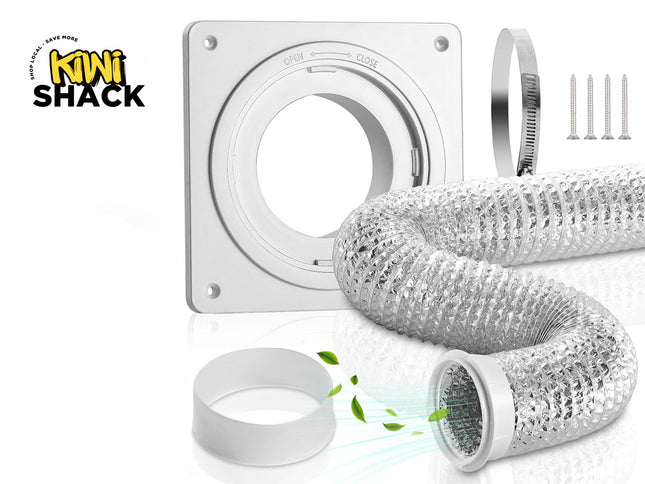 Kiwi Shack flexible aluminum dryer vent hose kit with wall mounting plate, collar, and duct clamp.