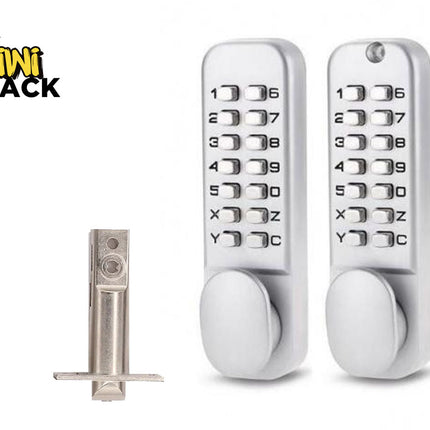 A silver mechanical keyless door lock set with numeric push-button panels and round turn knobs, shown with its metal latch mechanism, featuring a "Kiwi Shack" logo in the top left corner.