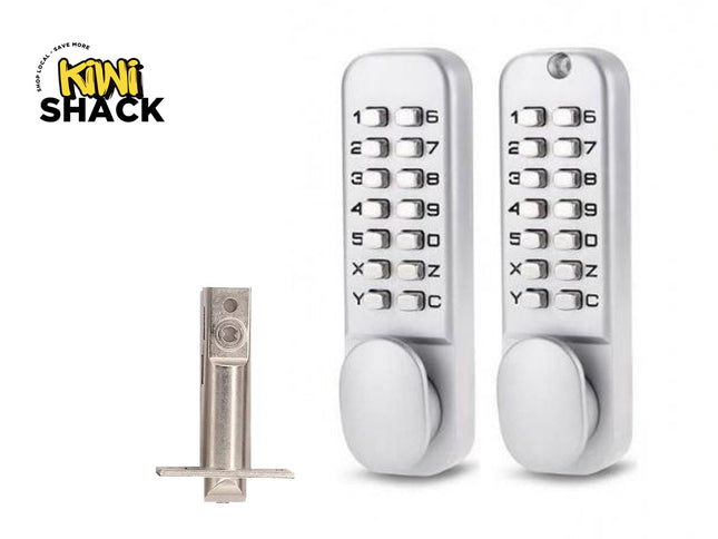 A silver mechanical keyless door lock set with numeric push-button panels and round turn knobs, shown with its metal latch mechanism, featuring a "Kiwi Shack" logo in the top left corner.