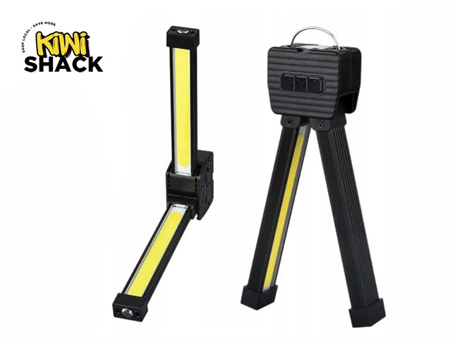Kiwi Shack portable multi-functional COB LED work light and tripod camping lantern.