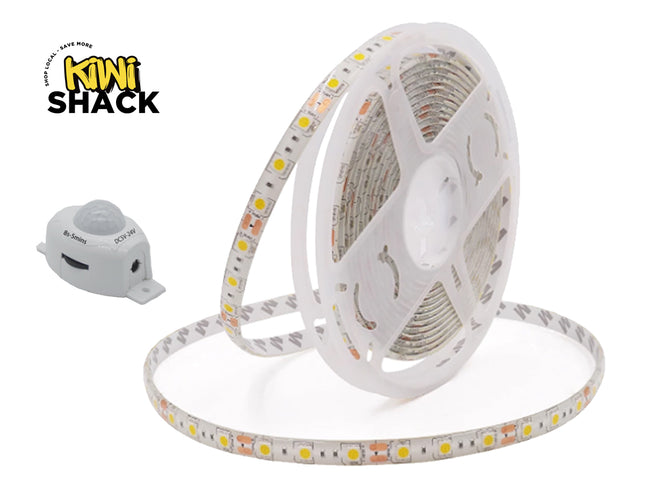 LED strip light with motion sensor on a white background, branded as Kiwi Shack.