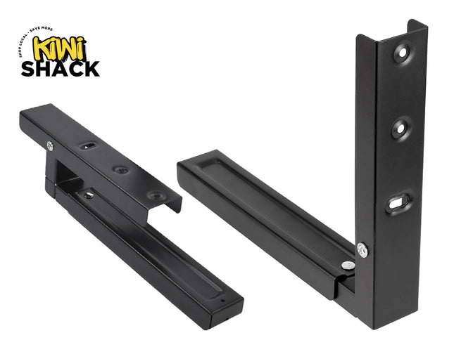 Two black metal mounting brackets shown on a white background, with the Mini Shack logo in the top-left corner.