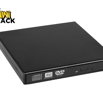 Black external DVD drive with 'Kiwi Shack' logo on a white background